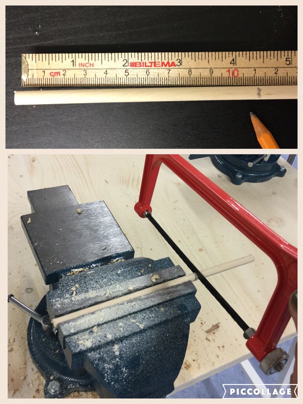 Nu ska du g\u00f6ra handtaget av den tunna rundstaven (\u00f8 6 cm). M\u00e4t och markera 11 cm. S\u00e5ga av.