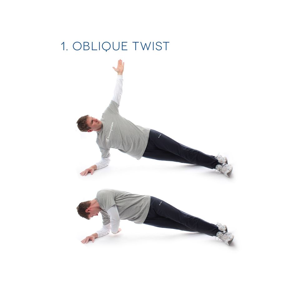 Oblique Twist - Set up in a side plank position on your forearm with your top arm held high. From here twist your torso bringing your top arm under your ribs. Perform 6 on each side