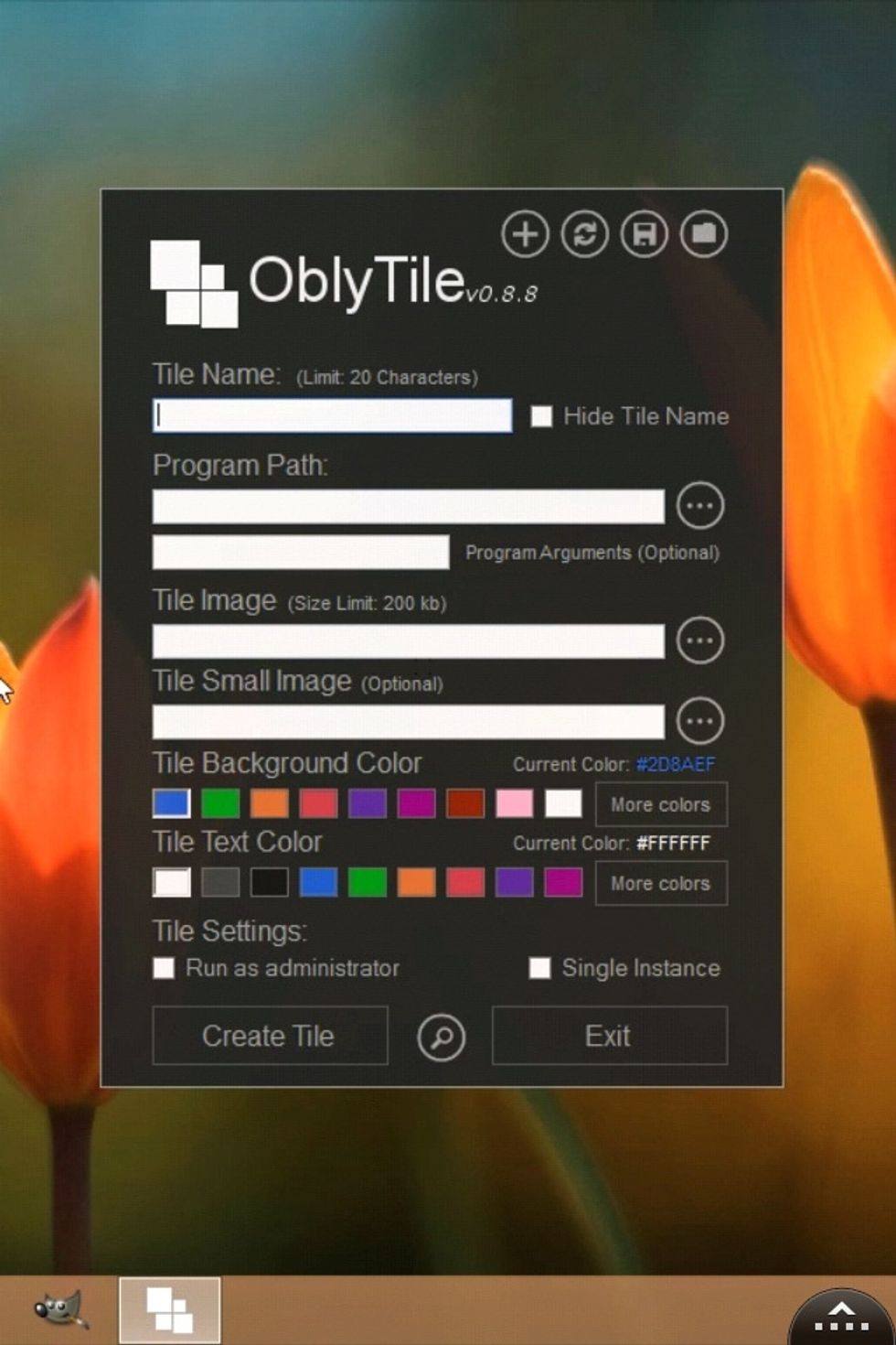 OBLYTILE is a simple program that allows you to create custom tiles for WINDOWS 8. You can link the tile to a folder directory on your computer or to a website.