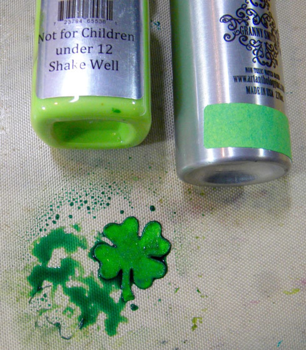 Of course I have to add a four-leaf clover, so I cut a die cut from my Silhouette Cameo and painted it with Shamrock Velvet, Tink Sorbet and sprayed it with Granny Smith Colorations Spray.