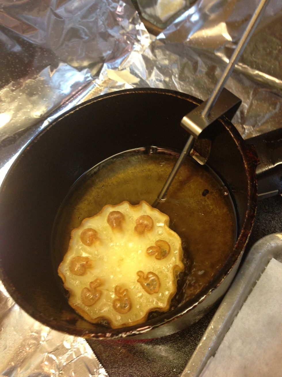 Oftentimes the Rosette comes off which is okay. Let fry a few seconds, then turn, fry a few seconds and remove.