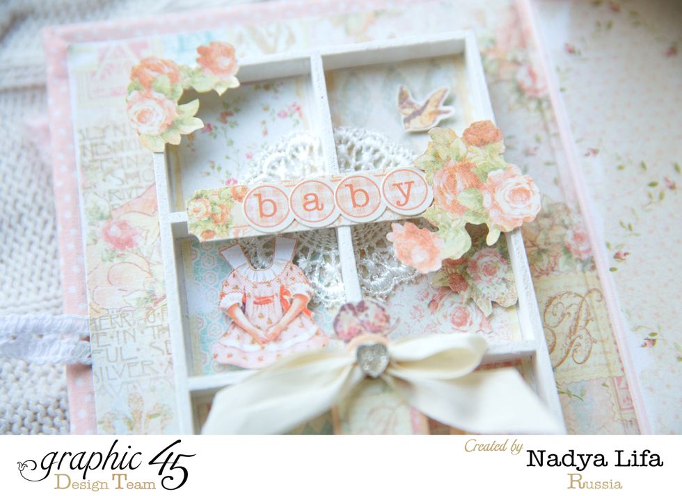 Oh, it`s my love Graphic 45 Baby2 Bride Collection!!! Used stickers, chipboard or cut something from adorable paper sheets to decor little shadowbox!