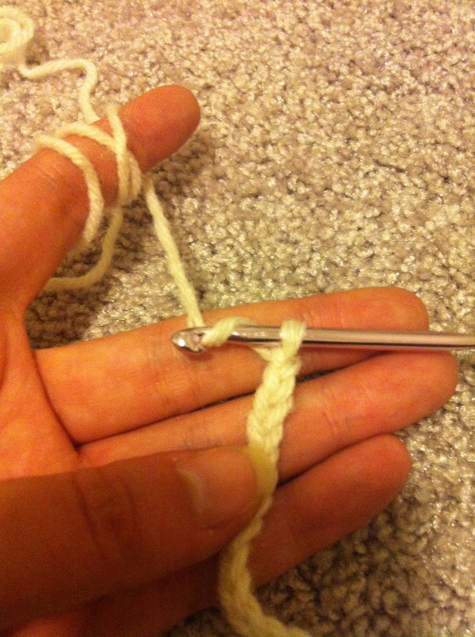 ok 32 chains. yarn around and insert your hook in the 4th chain from your hook.