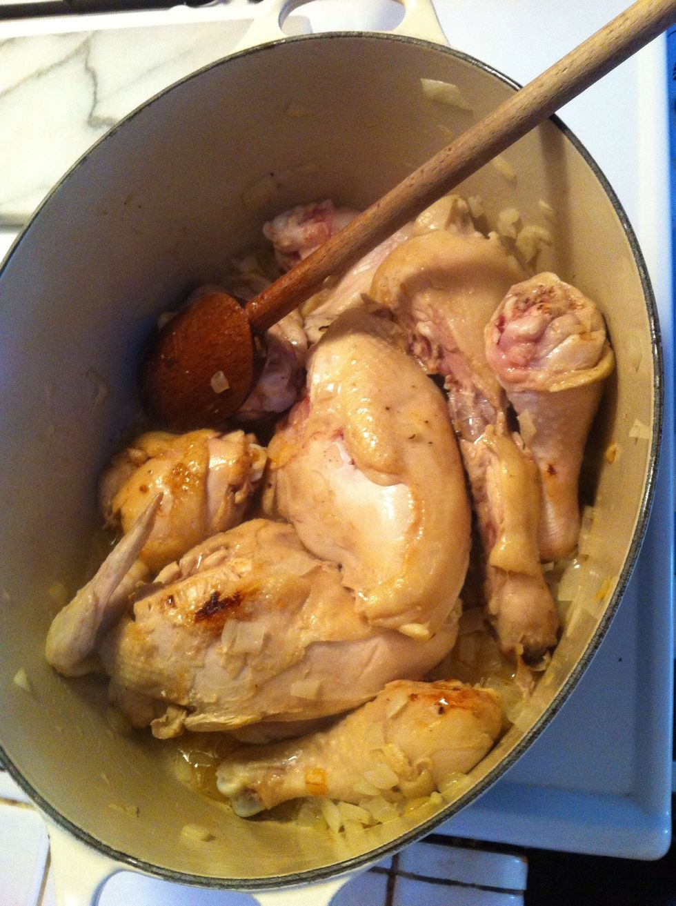 ok grab that chicken (I bought a whole organic chicken and asked the butcher to chop it up for me). we're going to brown up the chicken now.