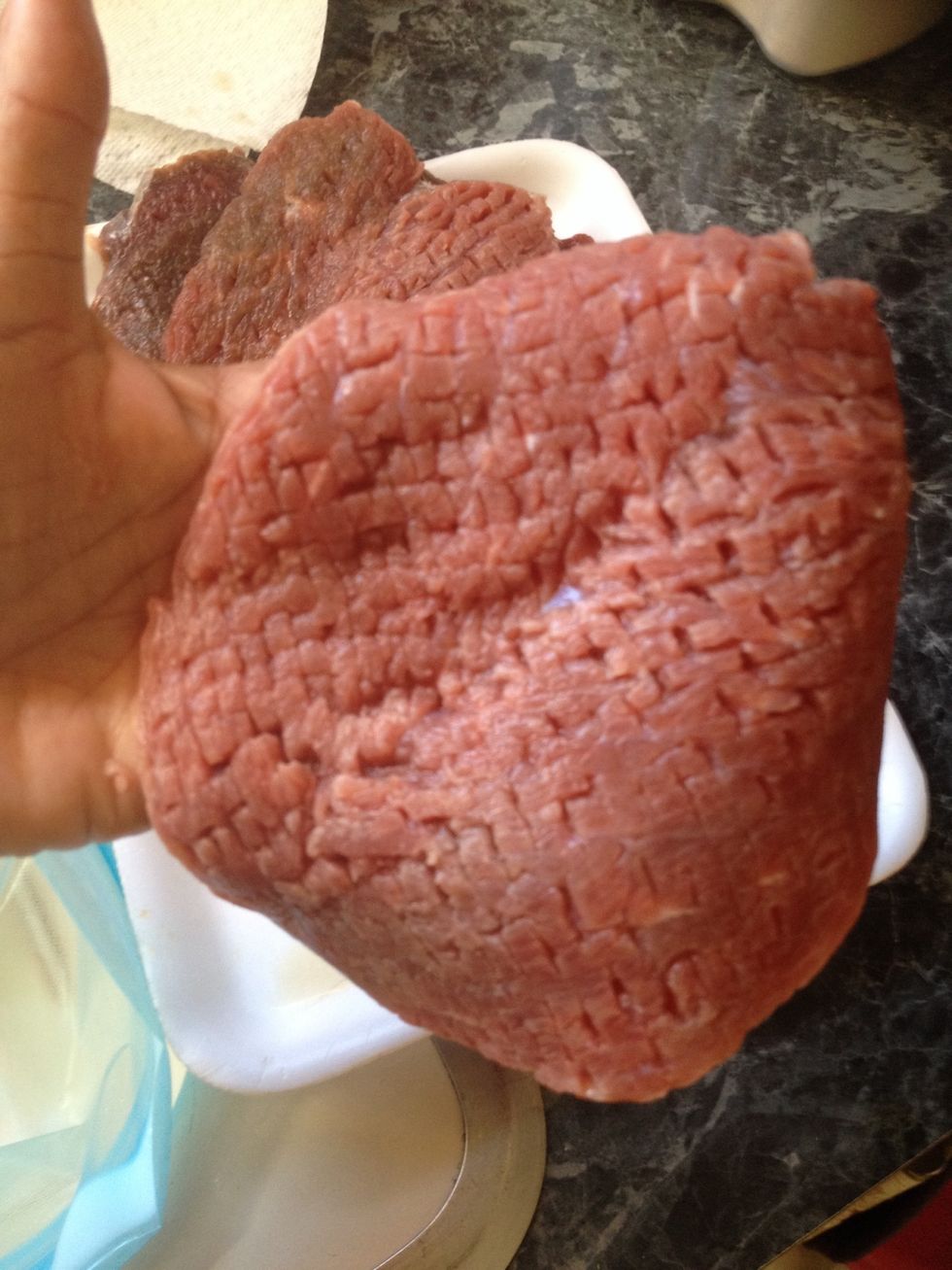 Ok let's get started, take the cubed steak and put it in a bag.