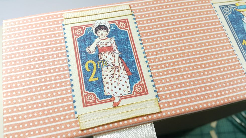 OK, now is your turn to decorate the building. Here I used the stamp patterns cut out from Graphic 45 papers for the windows, then use the cardstock scraps to decorate the sides, they are 1-3/8" width