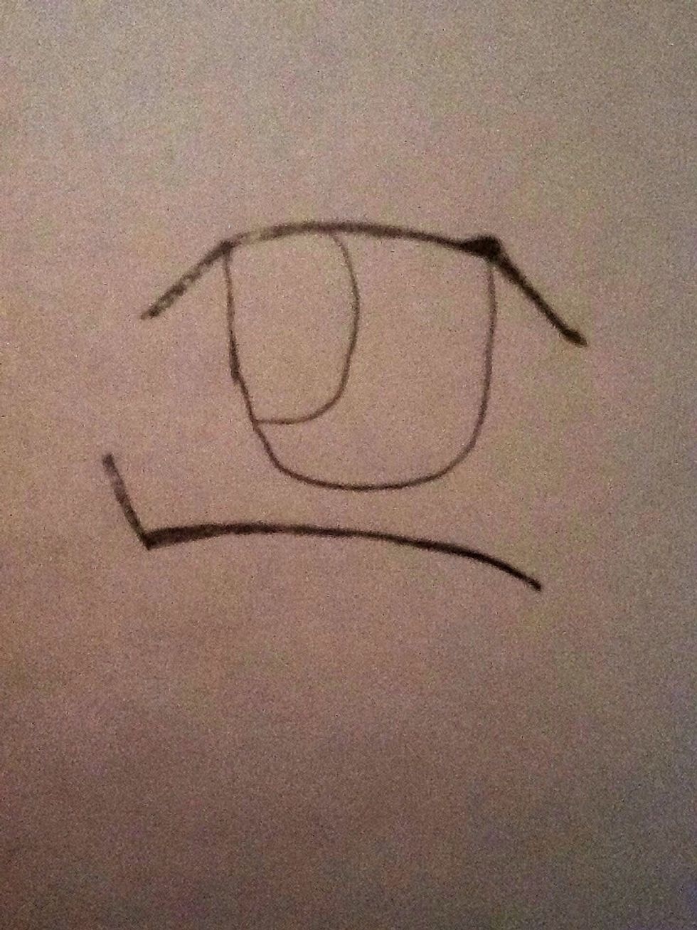 Ok now it's time to start the eye. Start by drawing a half oval at the top of the eye lid. Then draw the pupil, you can have it any direction you want but I have mine on the left.