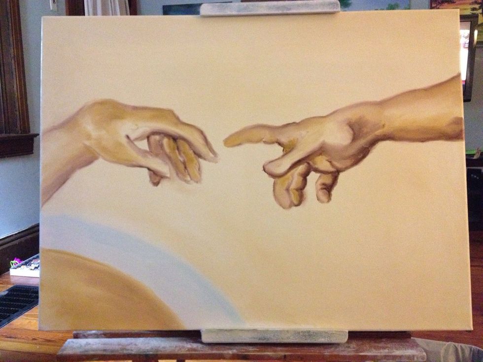 Ok, now to work detail on the Hand of God. Start with your pinky, The Lord's pinky, and some sienna.