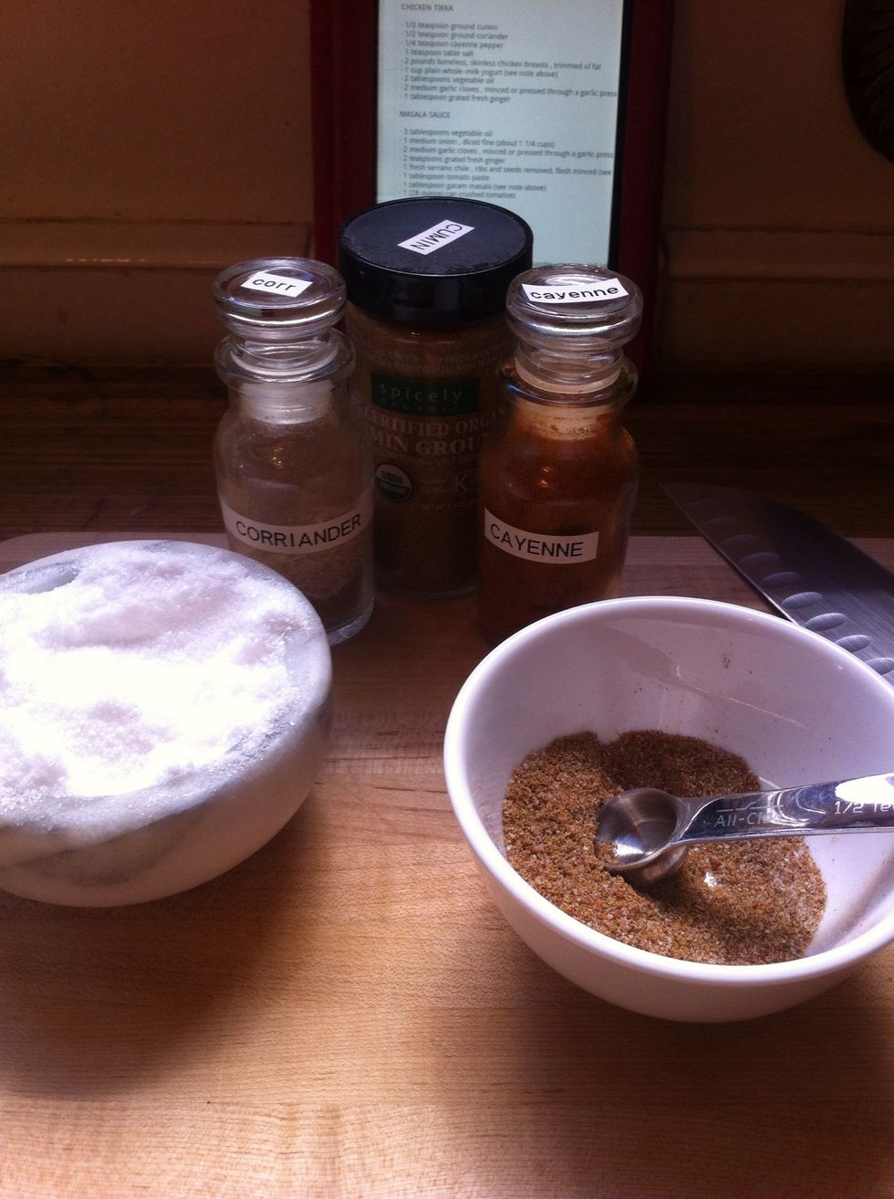 ok so I'm going to start at the top of ingredients list and working my way down. throw the cumin, coriander, cayenne, and salt in a small bowl