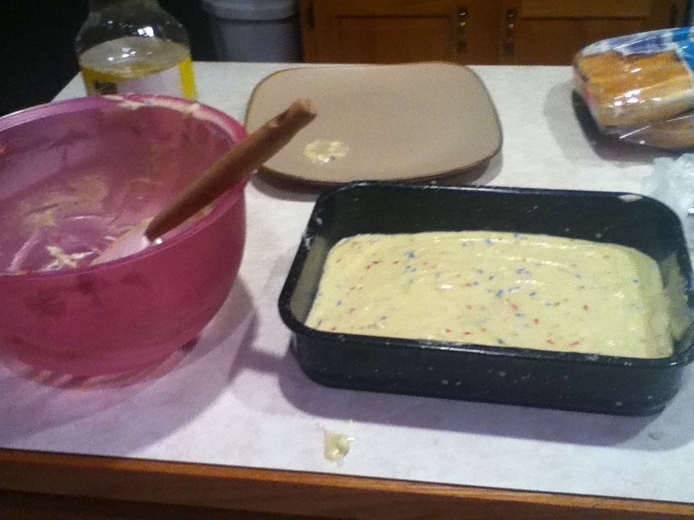 Ok so I made a bit of a mess getting the batter into the pan..then the girl that told you not to forget the Pam forgets. So I had to put the batter back Into the bowl, spray pam and put batter in..ya.