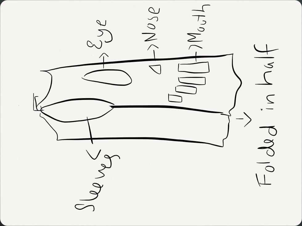 Ok so I've drawn it out, for better understanding. This is how it will look when you fold it in half. Make sure you don't fold the front face of the tee. And this is what you should draw and then cut.