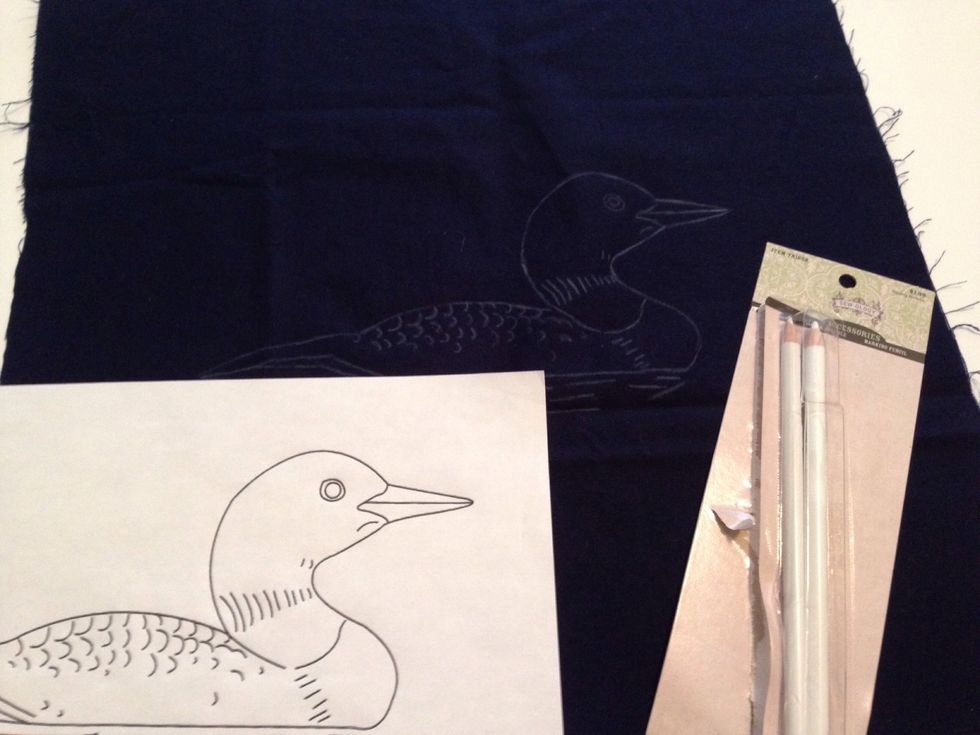 Ok! So the first thing I did was copy the design from my template to my fabric using fabric marking pencils. I used a white marking pencil because my fabric is dark.