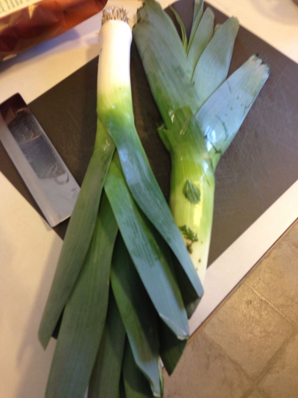 Ok these are huge leeks! I only used one. And the white and light green part only. Cut the tips off and save for another use. Slice the whites in half and then slice into half circles