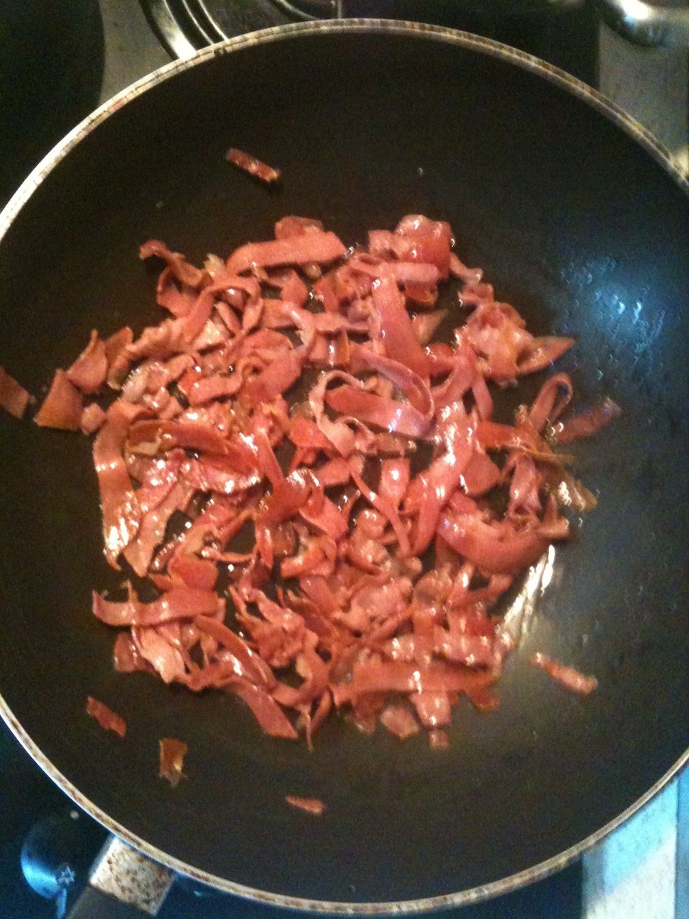Ok when your prosciutto turns to a brownish color add your tomato/cream sauce