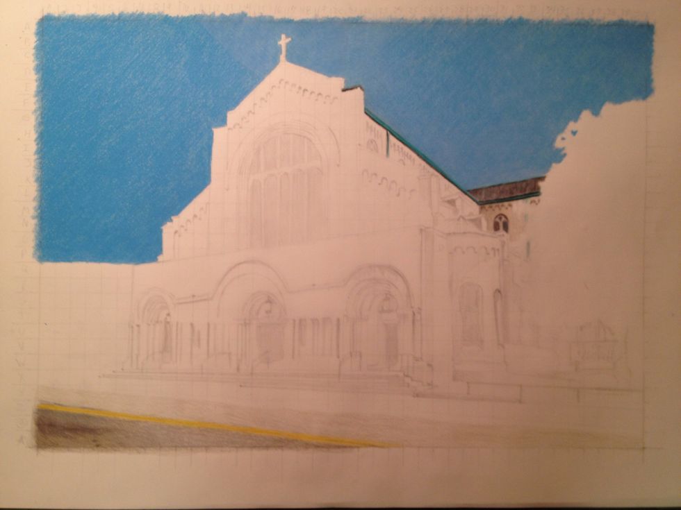 Ok you are done blocking in the color, looks a little fake so we will lighten it with our white and erase where we want our clouds