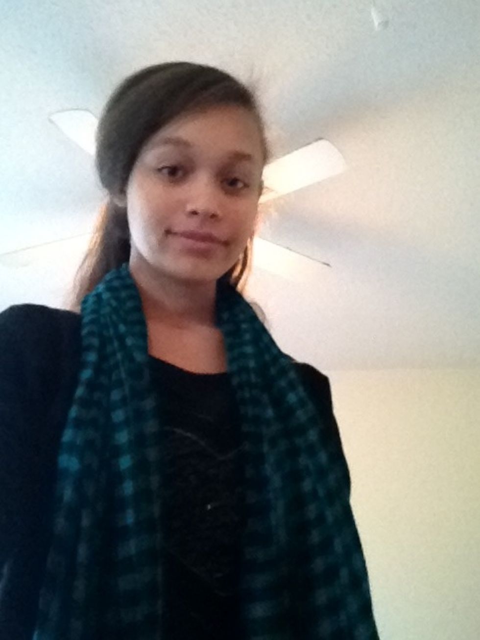 Okay, number 3. Drape the scarf around your neck.