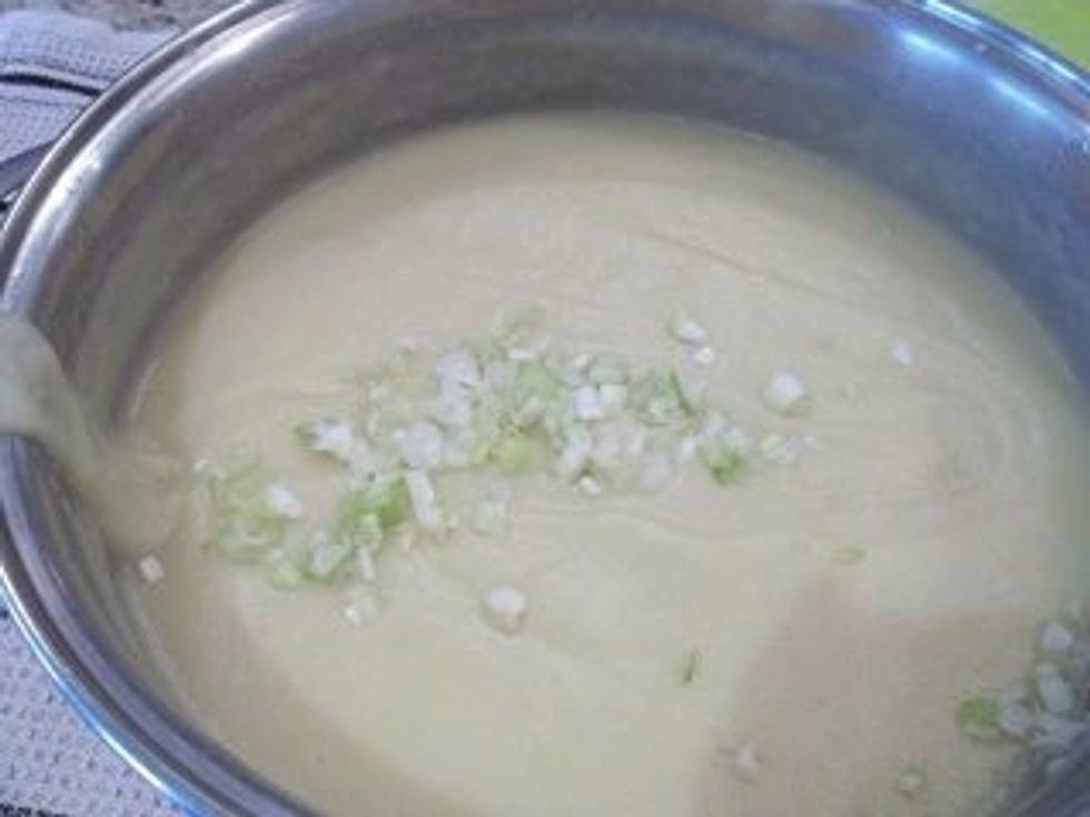 Okay once it begins to boil take off heat and allow to cool a little. Once cooled use an immersion blender to pur\u00e9e the soup.