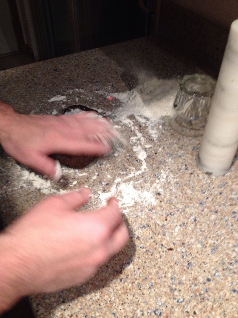 Okay so you can take your dough out of the fridge the next day and get your dough out and onto a cutting board or counter. Put flour down first to help it not to stick.