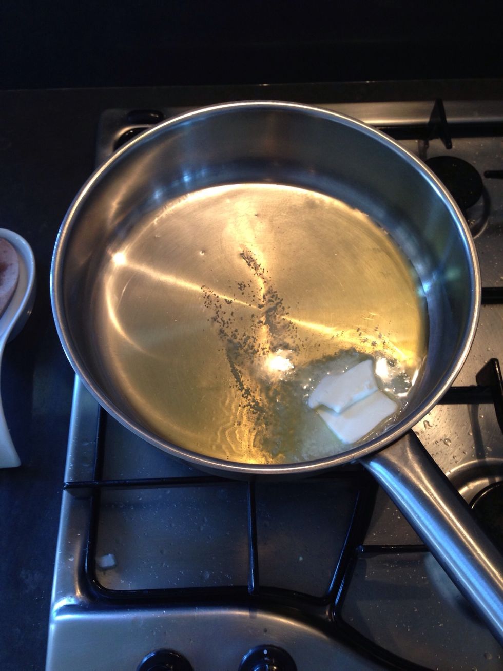 Olive oil and butter in to a deeper pan.