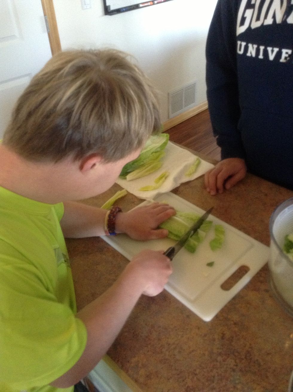 On a clean cutting board using the knife chop the lettuce into small bite size pieces. Set aside in a large bowl.