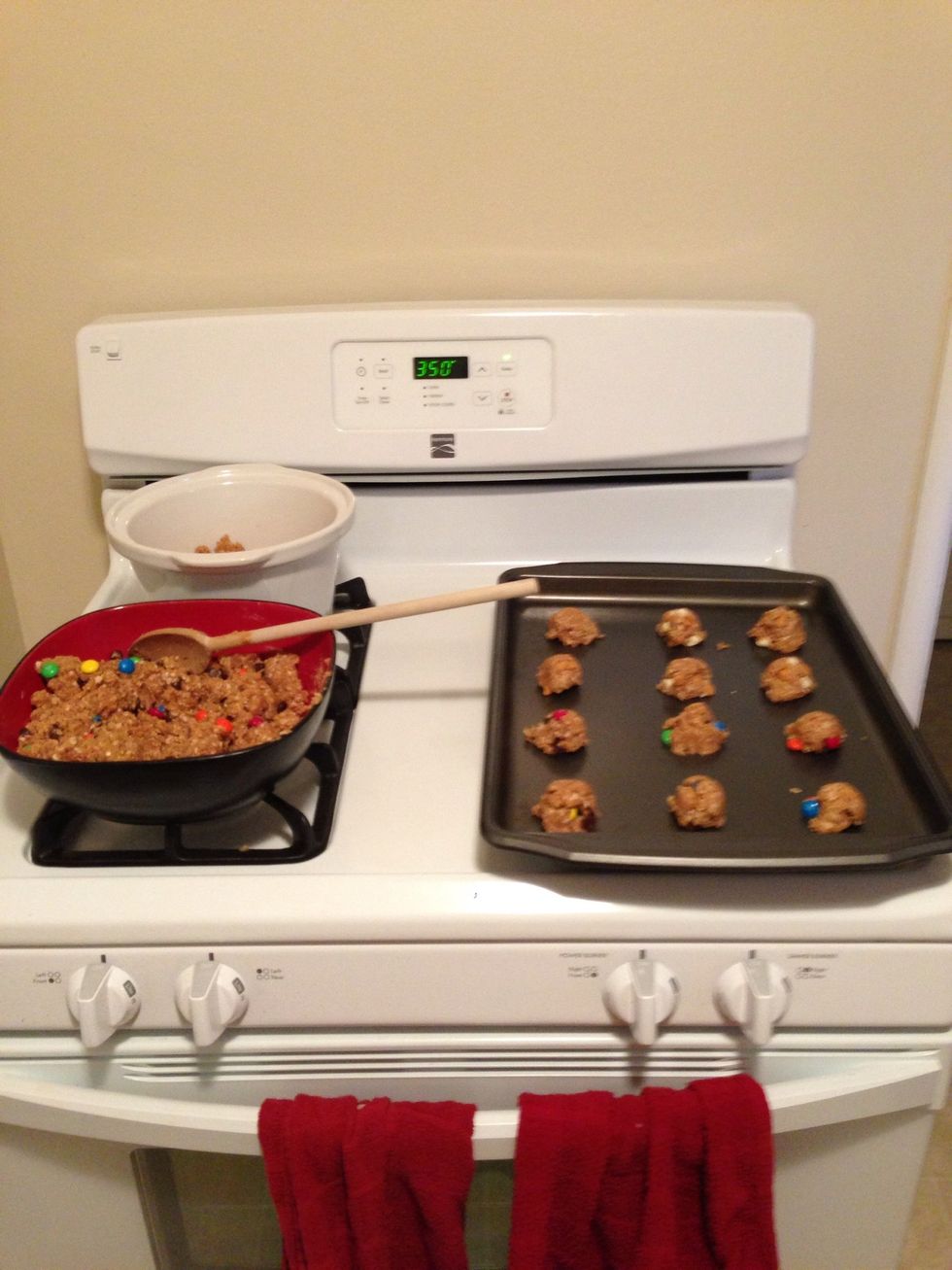 On a cookie sheet, scoop 1 tbsp of cookie dough for each cookie. I also spray the sheet with Pam.