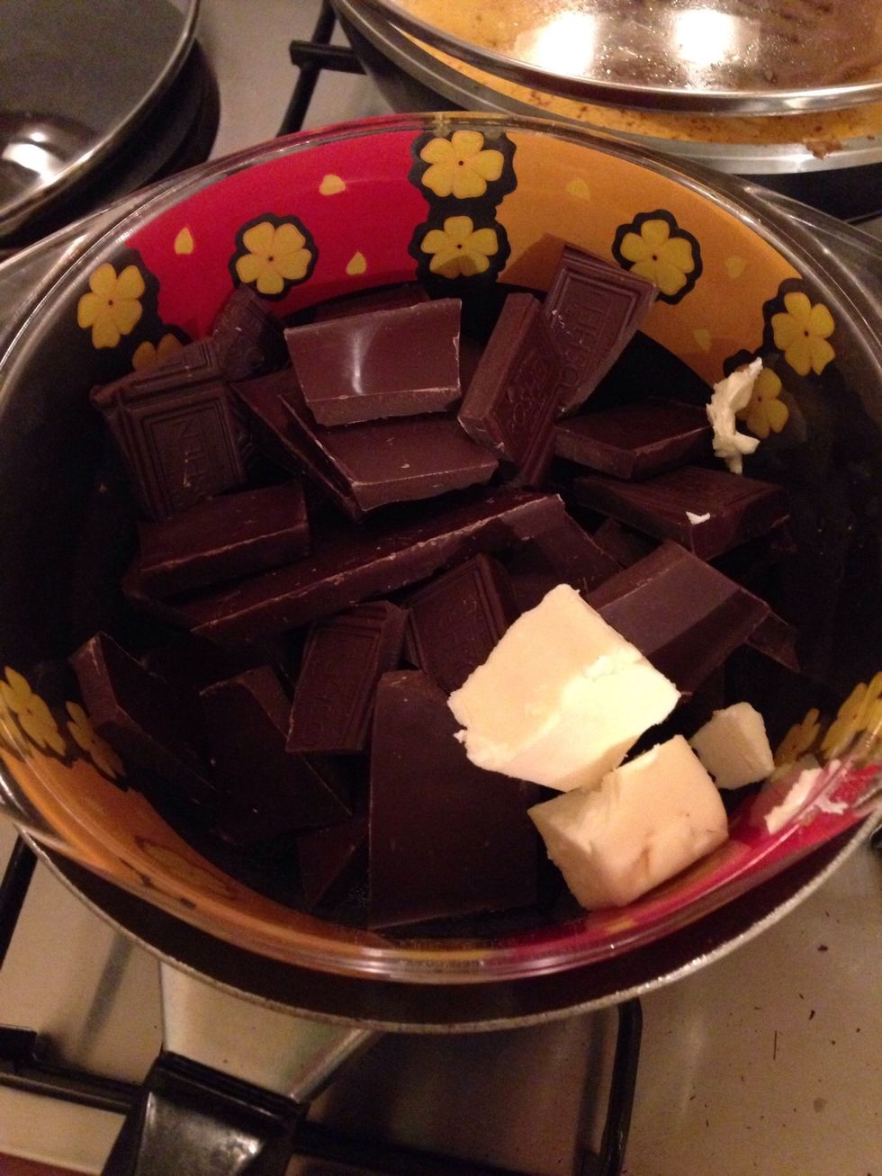 On a double boiler melt the chocolate and the butter