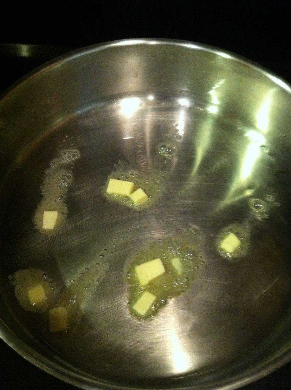 On a hot pan add about 1 tablespoon olive oil and 1 tablespoon of butter. Or you can use one or the other, I like the flavor of the two mixed.