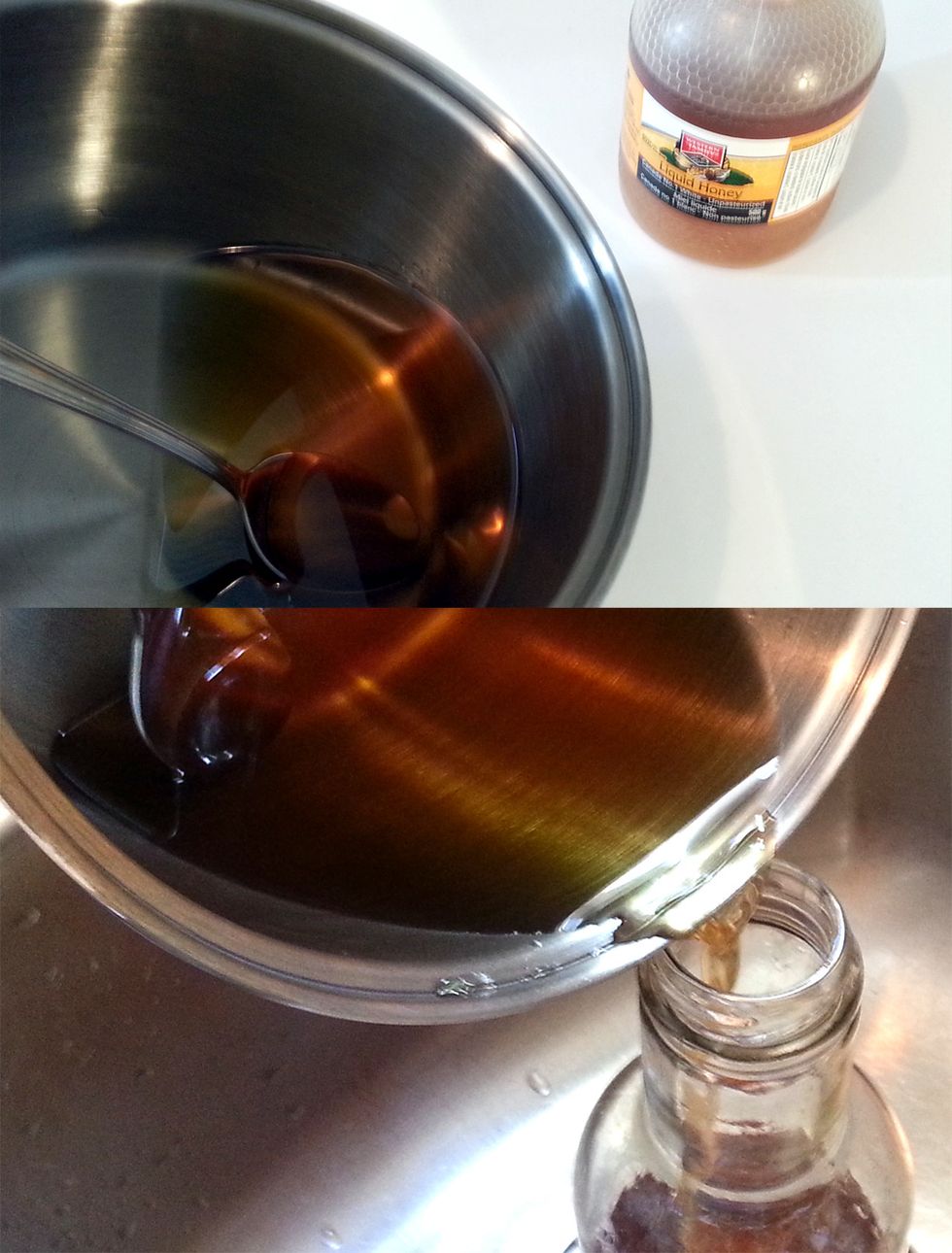 On a low heat, add water and honey to a pot and simmer until the ingredients are mixed. Let cool. Pour simple syrup into the empty space of your steeped gin, replace lid and shake to mix the liquids.