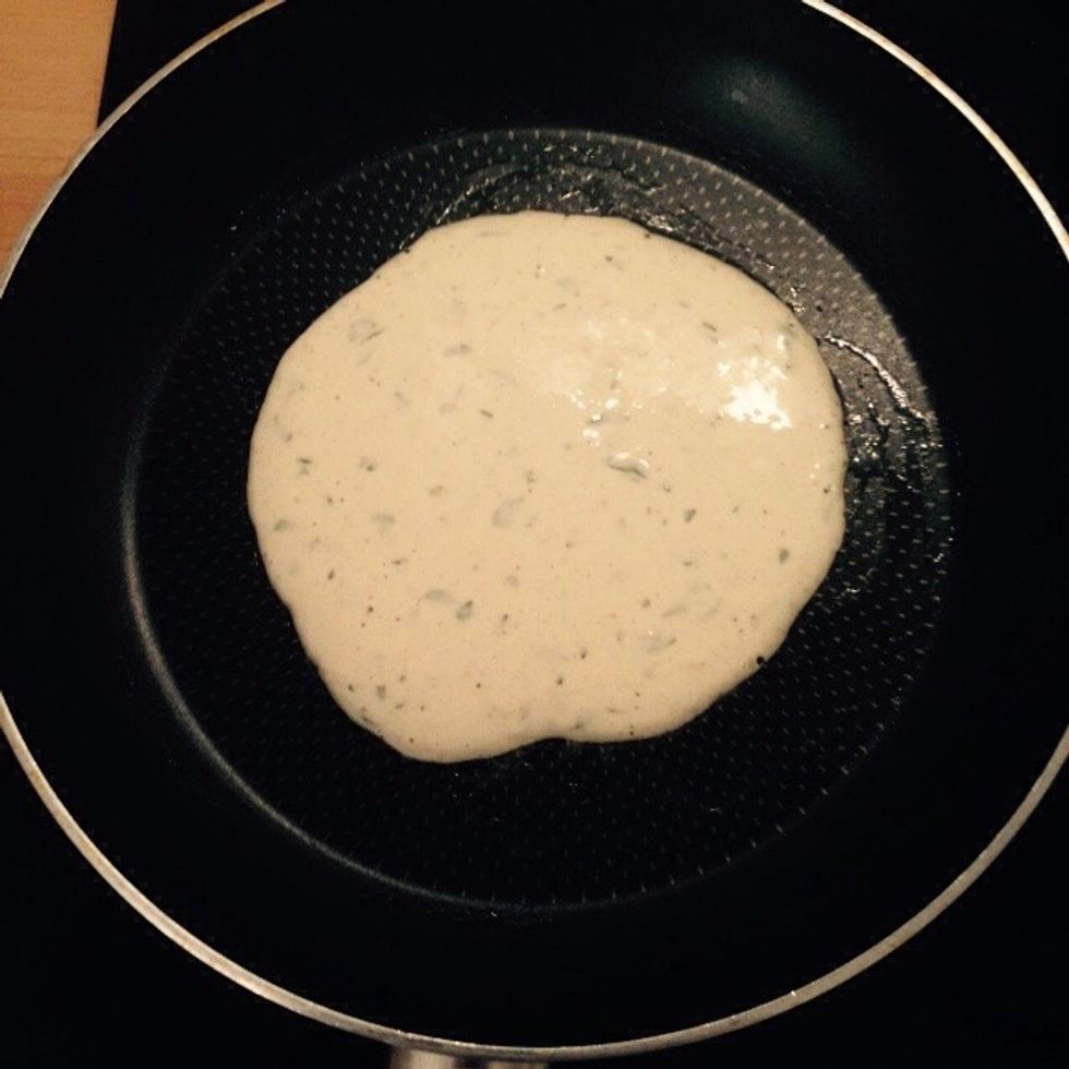 On a nonstick pan heat some butter, and scoop in the mix, with my proportions I made about 8 pancakes, enough for 2 people as a meal.