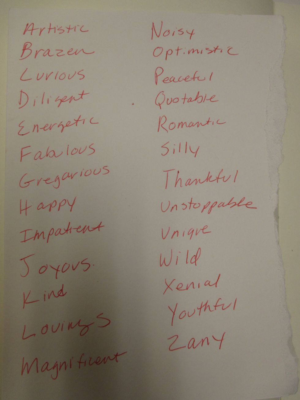 On a scrap piece of paper create a list of adjectives to describe you. I made an ABC list - when I got stuck I searched on the internet for inspiration.