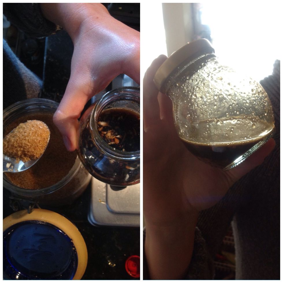 On a small jar mix vinegar, soy sauce, chopped onions, brown sugar, minced garlic, salt and pepper