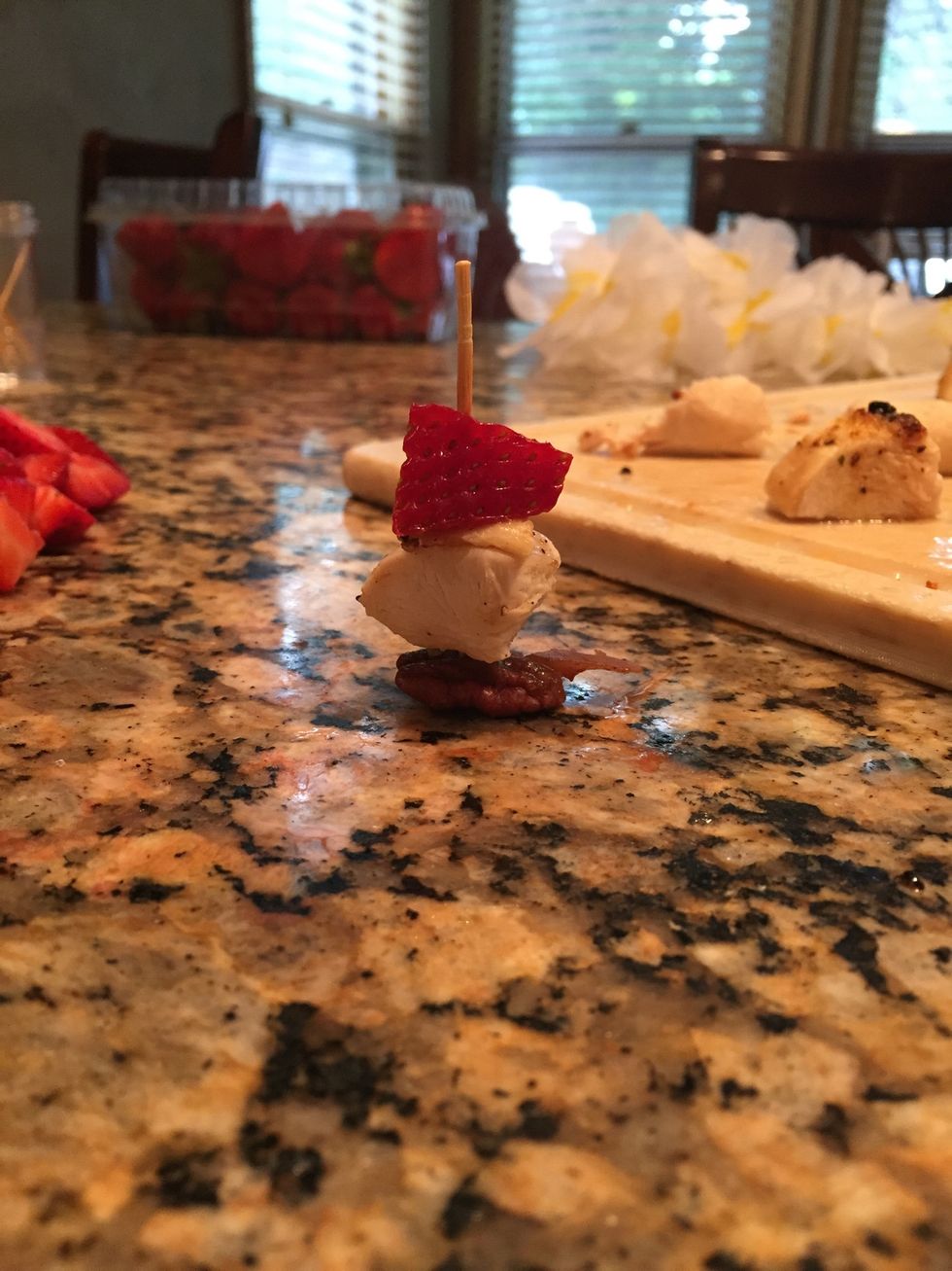 On a toothpick, layer strawberry first, then chicken, then your sugared pecan. Make sure not to poke all the way thru the nut or it will crumble and fall off