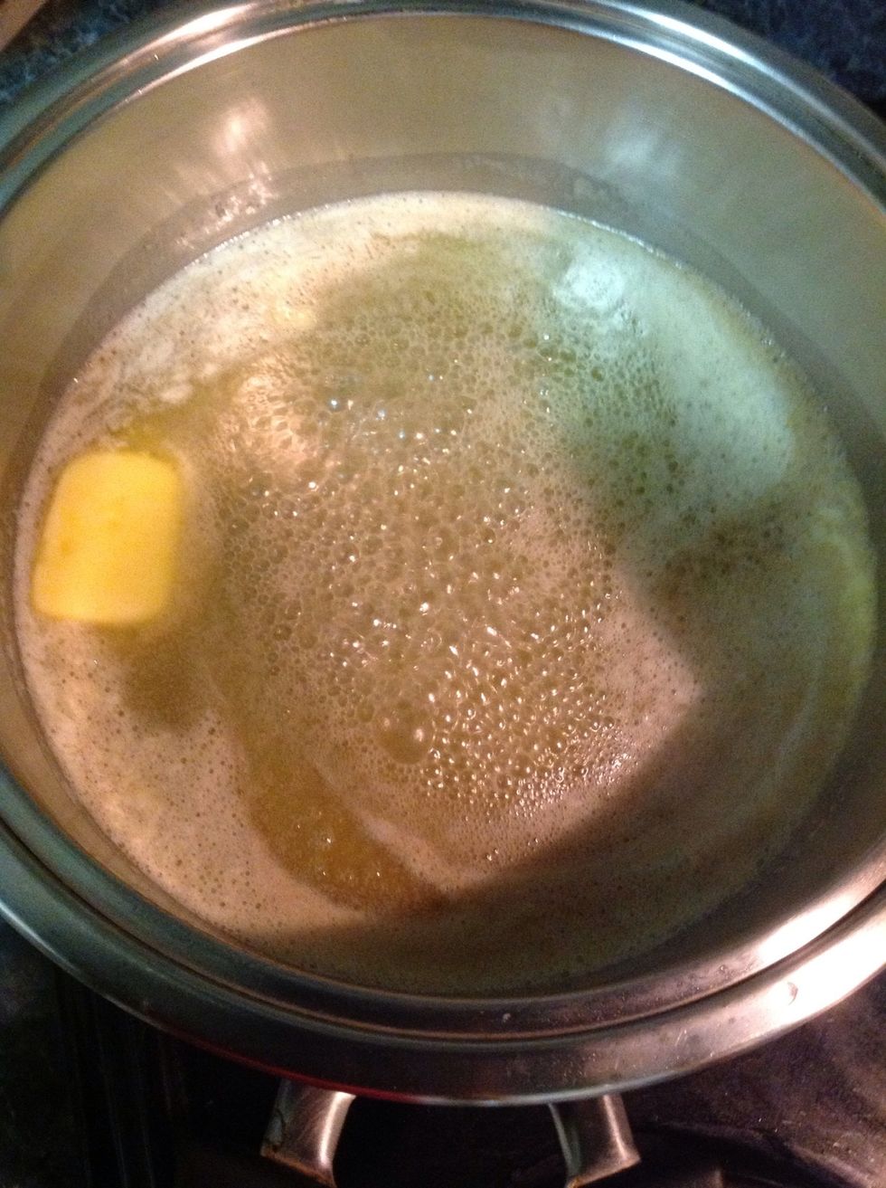 On medium heat melt butter and oil in pot