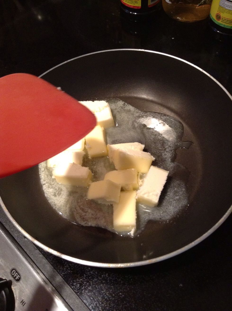 On medium heat, melt butter. You want to brown your butter. Brown until you see brown flecks on the bottom of your saucepan. about 7 minutes. When brown, transfer into dish & chill in fridge for 1 hr.