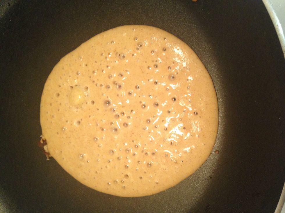 On medium low skillet add pancake batter until bubbles form, then flip