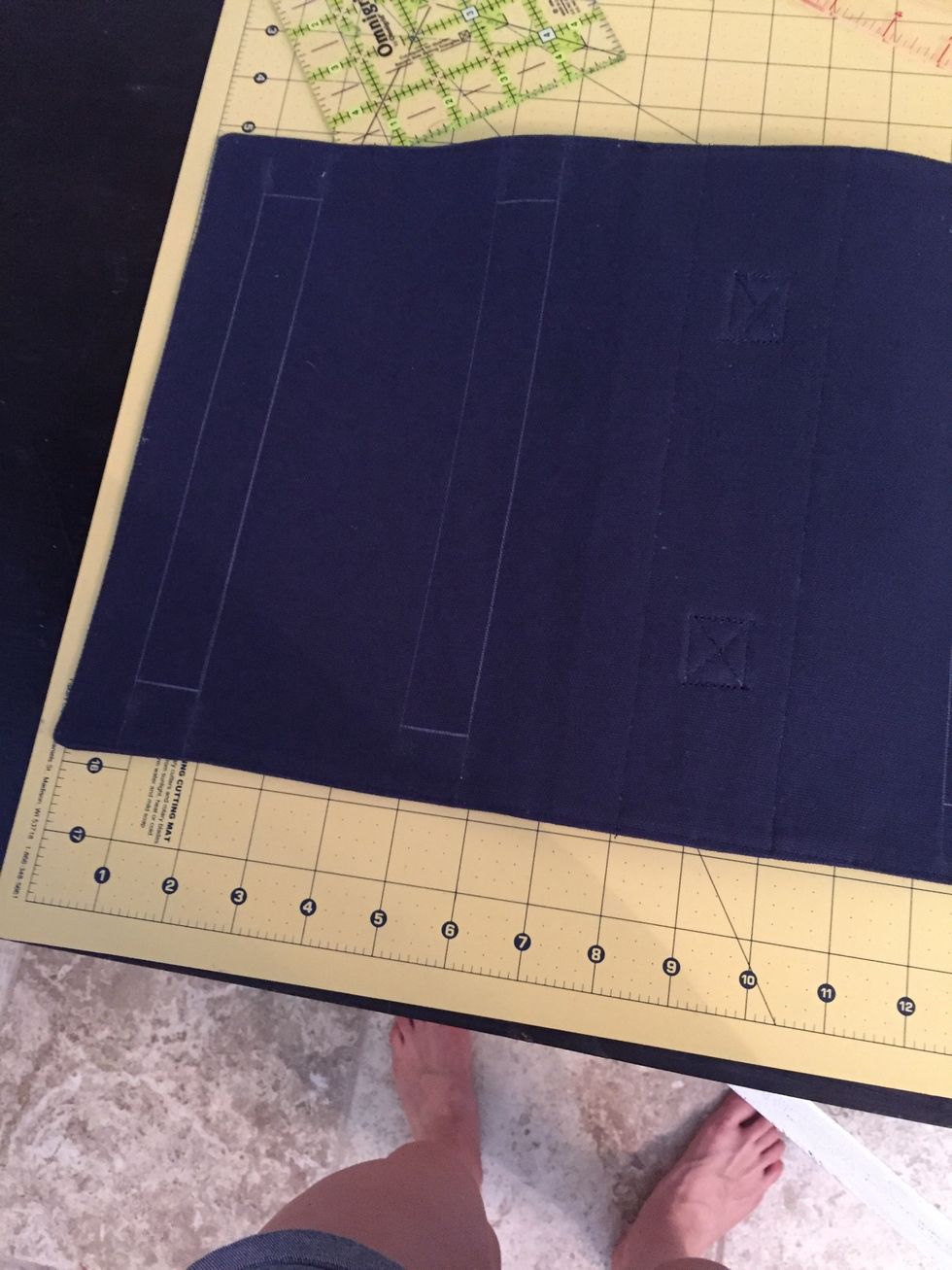 On opposite side from handle, mark space for Velcro strips. The bottom of the lower strip starts 1" up from bottom edge. The top of upper strip starts 6" from bottom. Also leave and 1" on the sides.