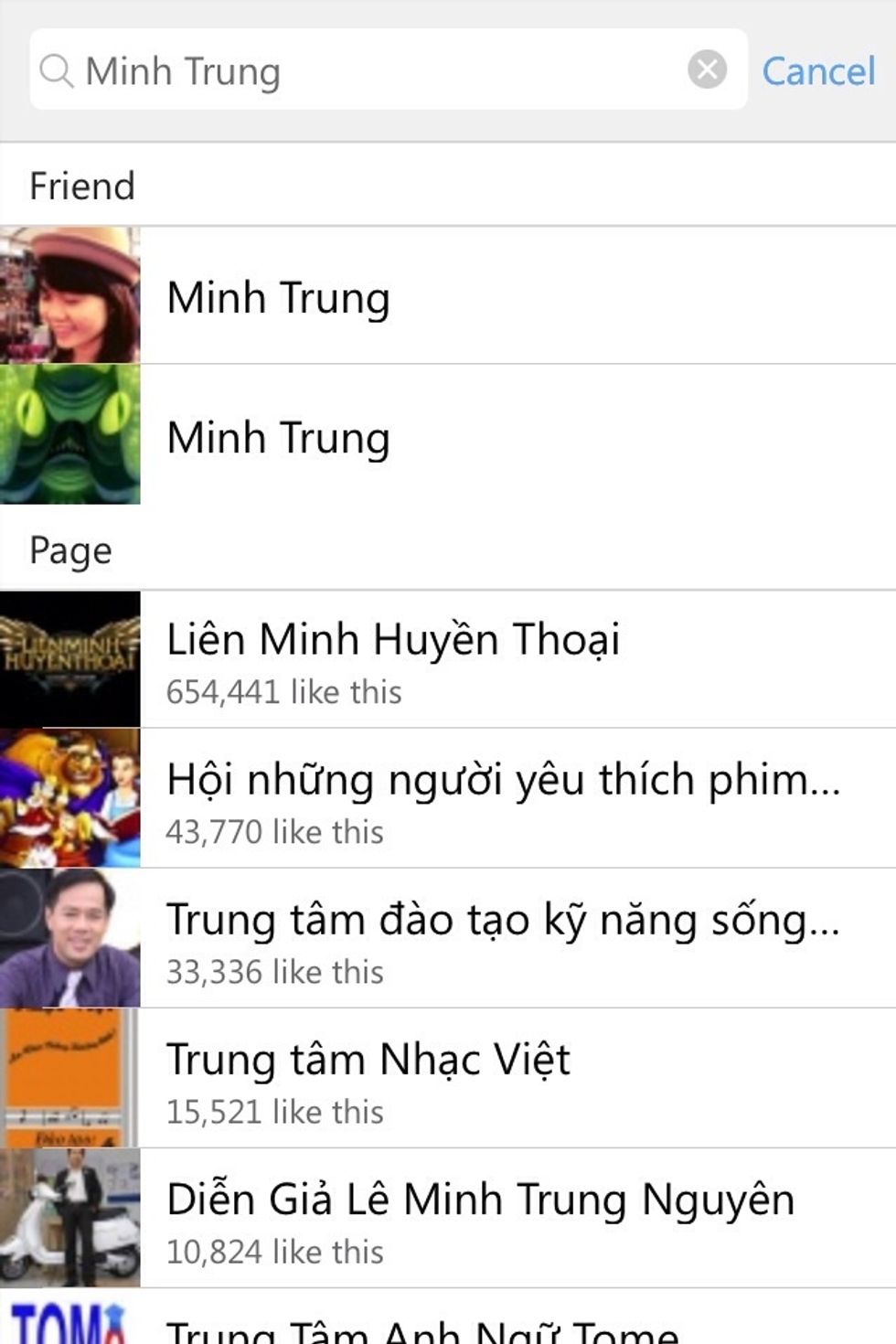 On search view, you can search friend or fan page. Touch on a row item to add.