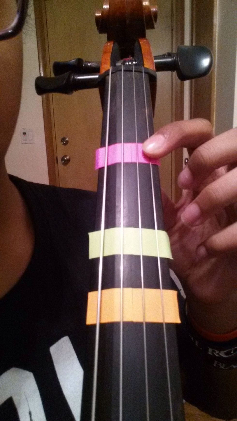 On the "A" string, first finger is on the note "B."