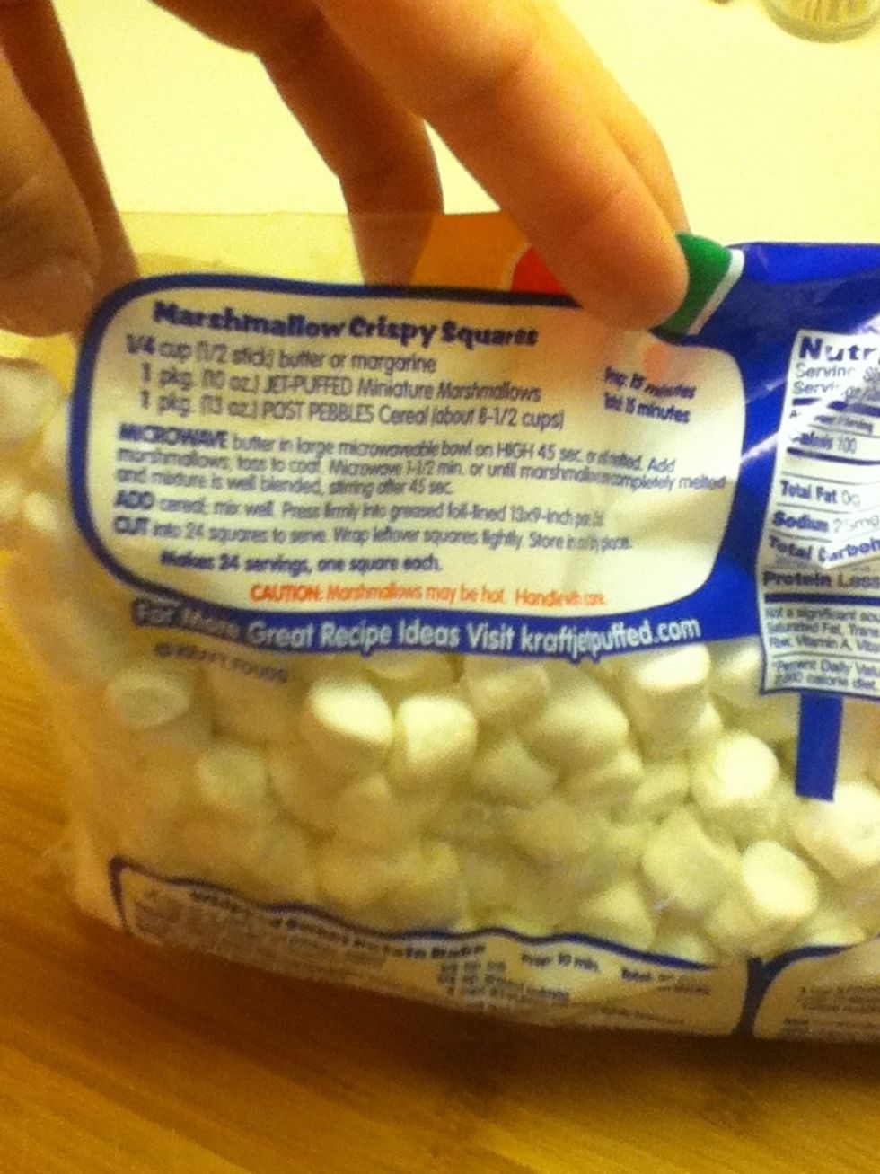 On the back of the marshmallow package, there should be a recipe for Rice Crispy Treats. Follow the recipe to make our "rice" :)