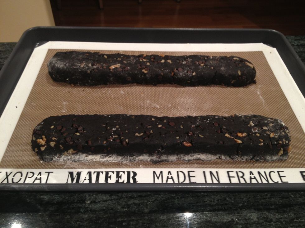 On the baking sheet with clean, floured hands form the dough into two slightly flattened logs, each 12 inches long and 2 inches wide.