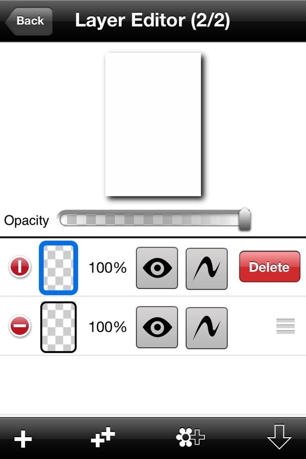 On the bottom, from left to right, are: add blank layer, duplicate layer, add photo layer, and merge layer down.