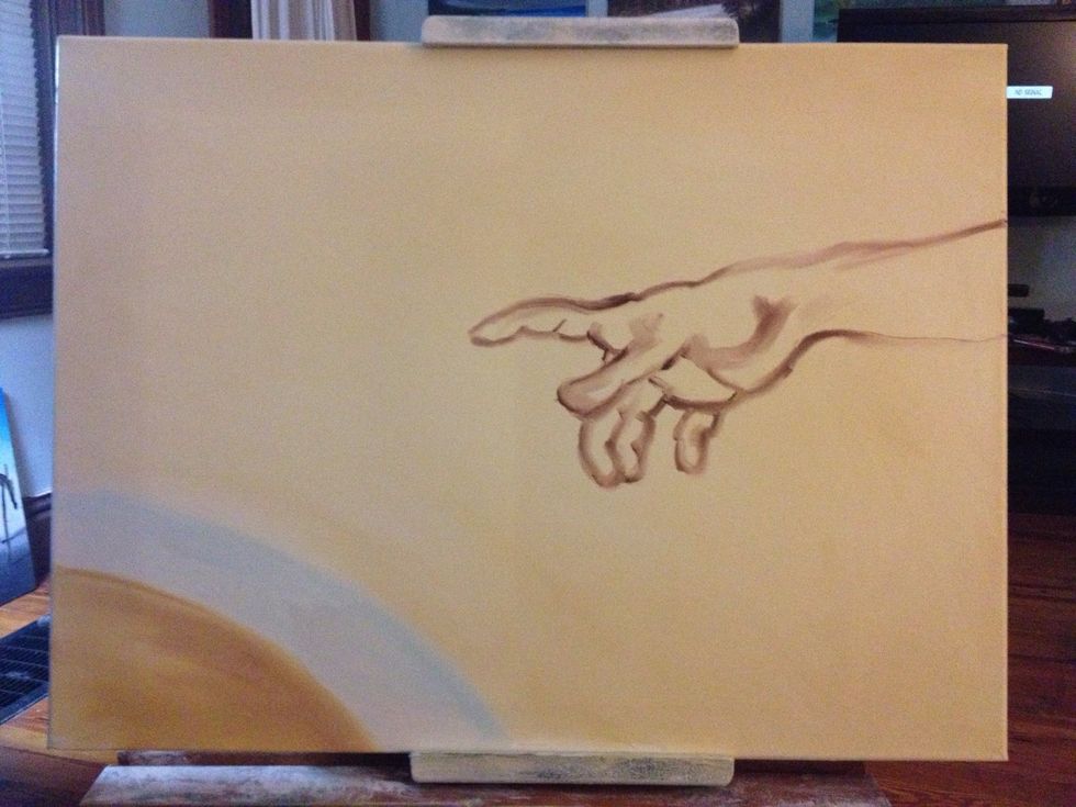 On the bottom left add a blue and white mix and a straight umber. Then take a pinky and some Sienna and start sketching God's hand. Remember how the artist focuses on each muscle.