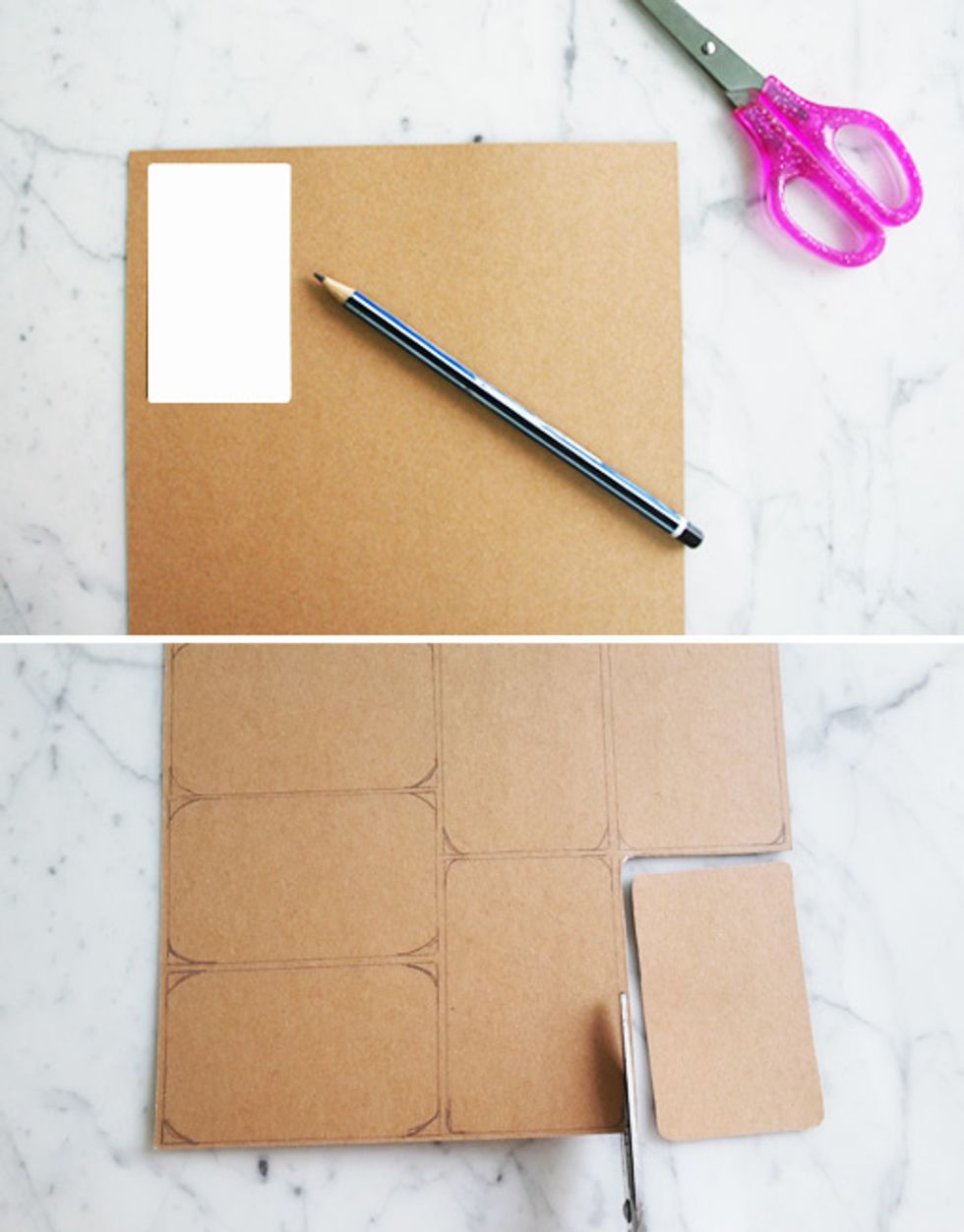 On the brown card, mark out the desired size and shape of your gift tags and cut.  I made a stencil out of white card (9x5cm) to help me trace out my tags.