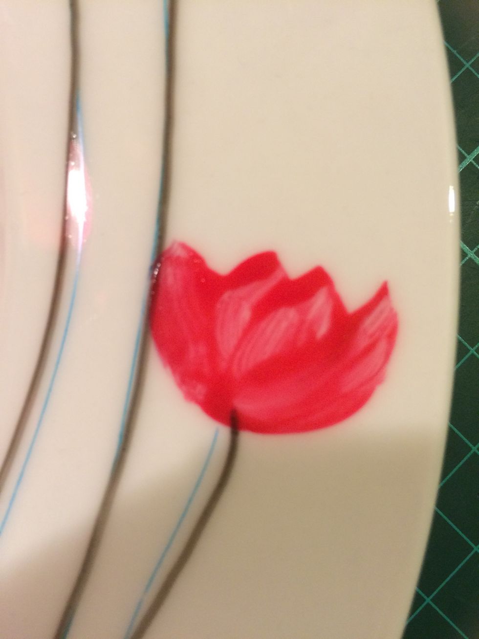 On the edges of this second plate I wanted red, so Poppy's it was. Just start with four or so brush strokes upwards as you can see here