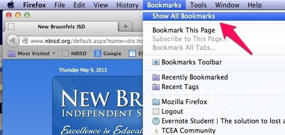 On the Firefox menu bar, select "Show All Bookmarks."