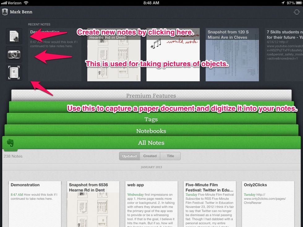 On the home screen there are several ways of creating notes.