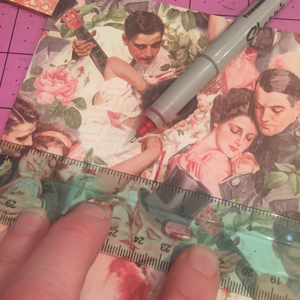 On the INNER card, make a one inch long line about 2 inches down and 2.5 inches in. Don't go over 2.5 inches in, or your pop up will pop outside the margin of the card- make this line RED