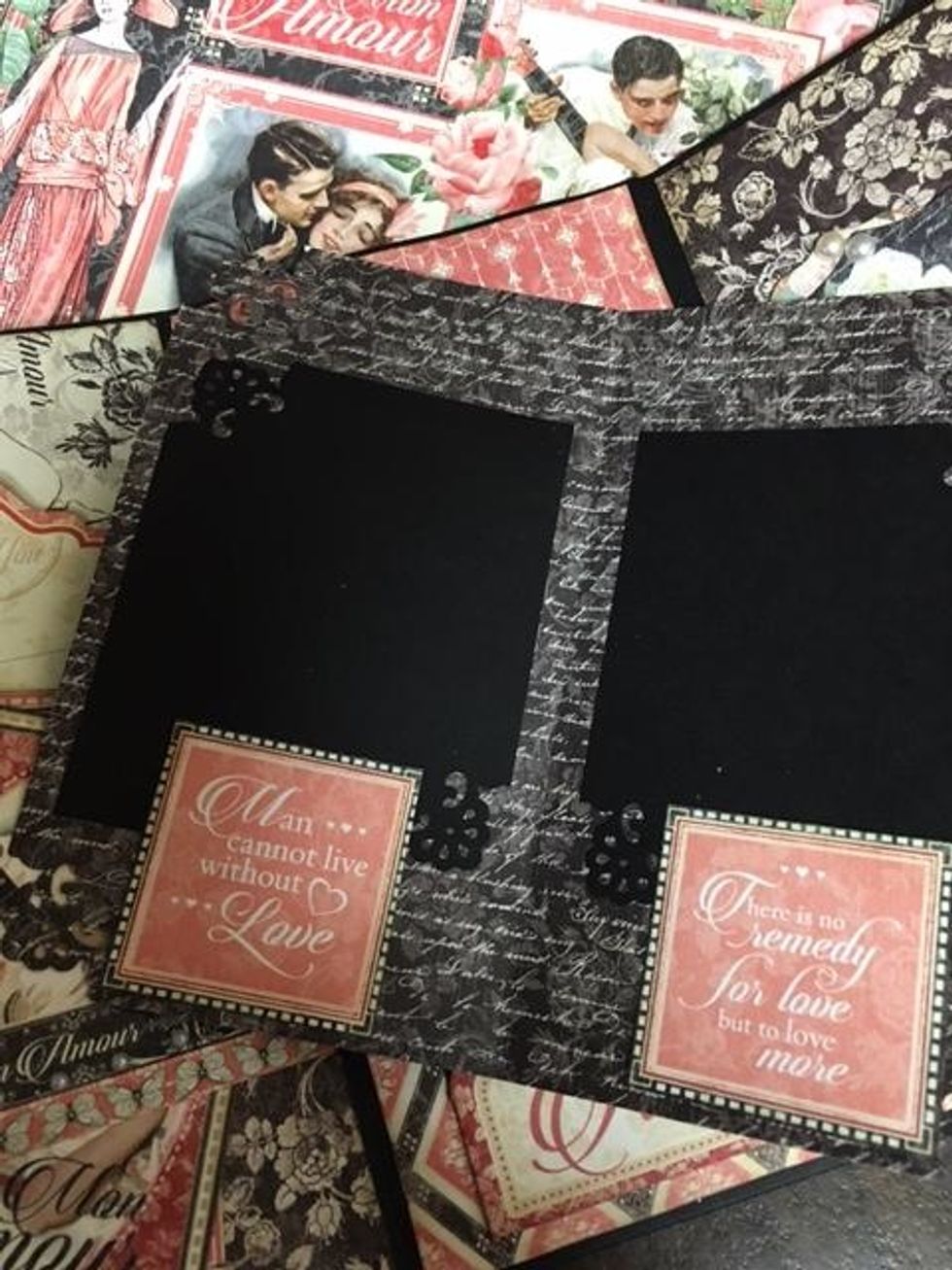 On the inside of the folding mat, cut two photo mats 3" wide x 3 1/2" tall out of black cardstock.  Punch the corners, glue to the inside  and add two cut a parts from the Mon Amour 8x8 paper pad.