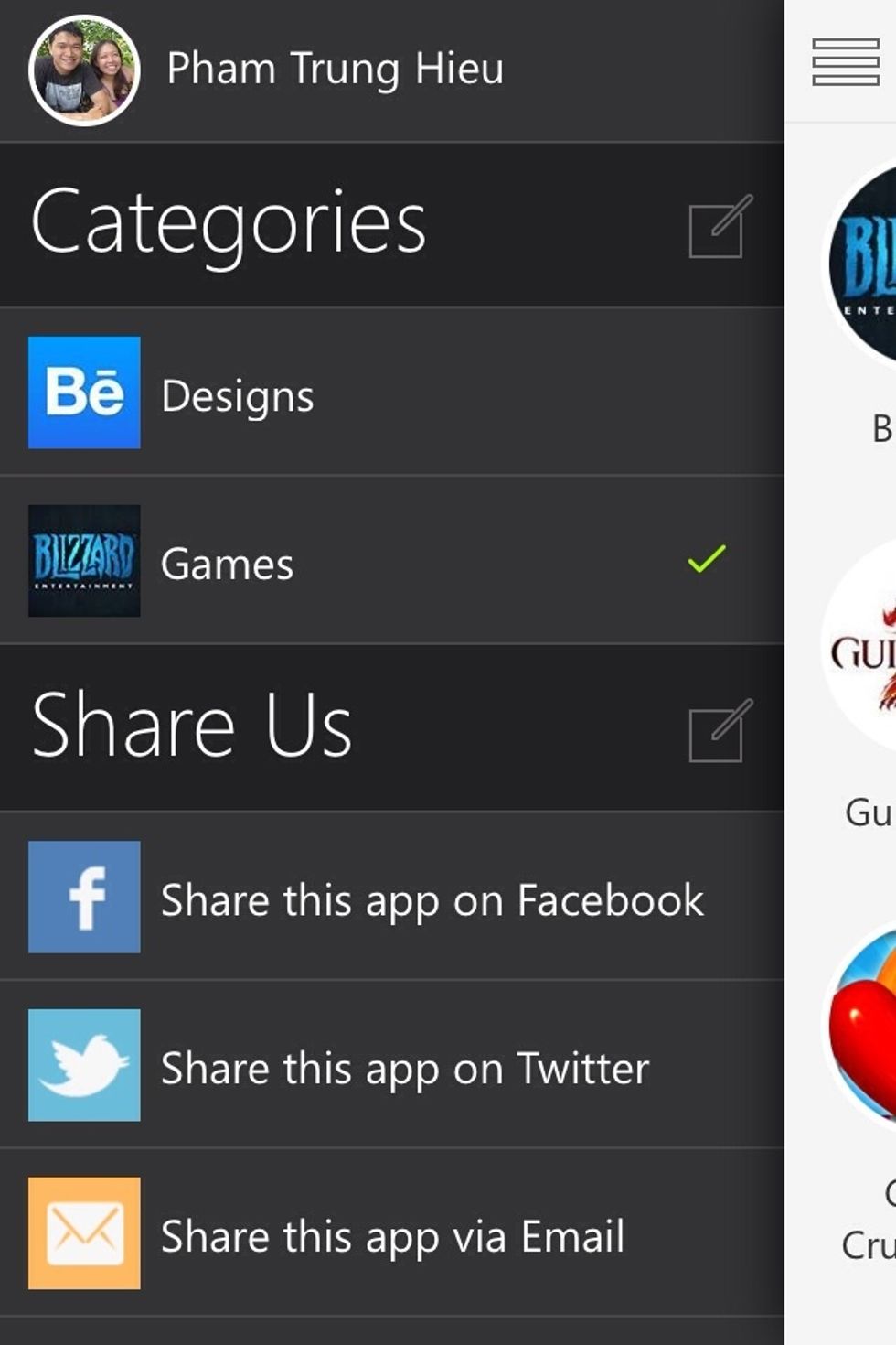 On the left side of collection view is the category list. Category help you group collection item.