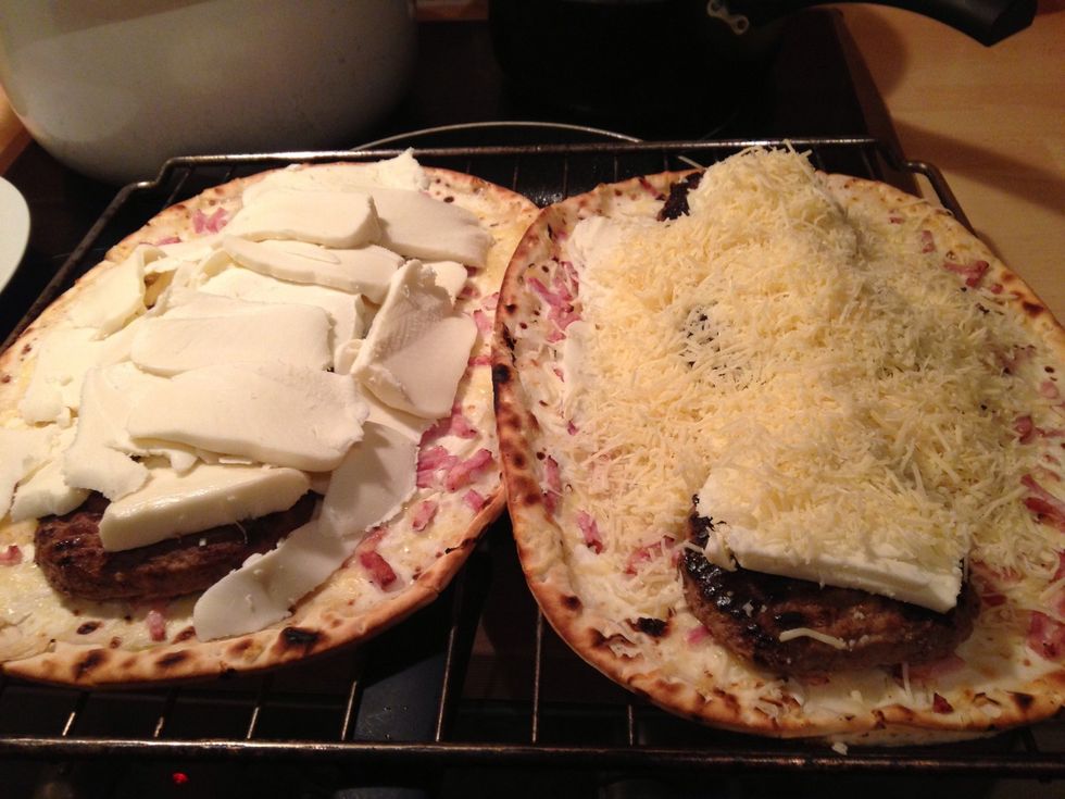 On the left side put only mozzarella for the melting part. On the right side (the side that will go on top) put some regular cheese that will brown